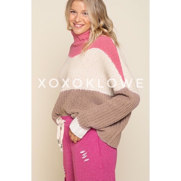POL PLUS Pink 3 Tone Color Block Sweater Turtleneck Oversize Fit - Picture 5 of 14